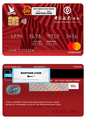 Hong Kong Bank of China mastercard template in PSD format, fully editable