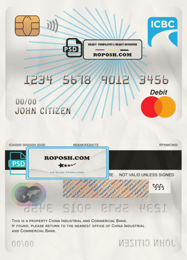 China Industrial and Commercial Bank of China bank mastercard debit card template in PSD format, fully editable