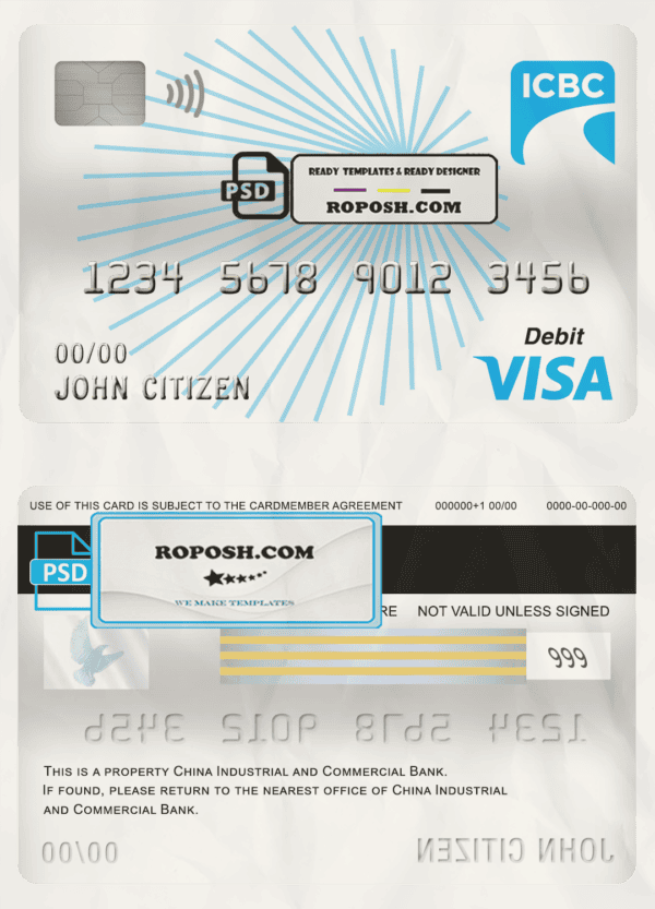 China Industrial and Commercial Bank of China bank visa card debit card template in PSD format, fully editable