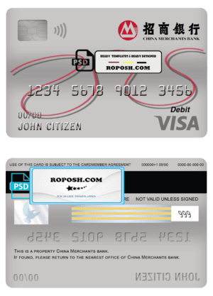 China Merchants bank visa card debit card template in PSD format, fully editable