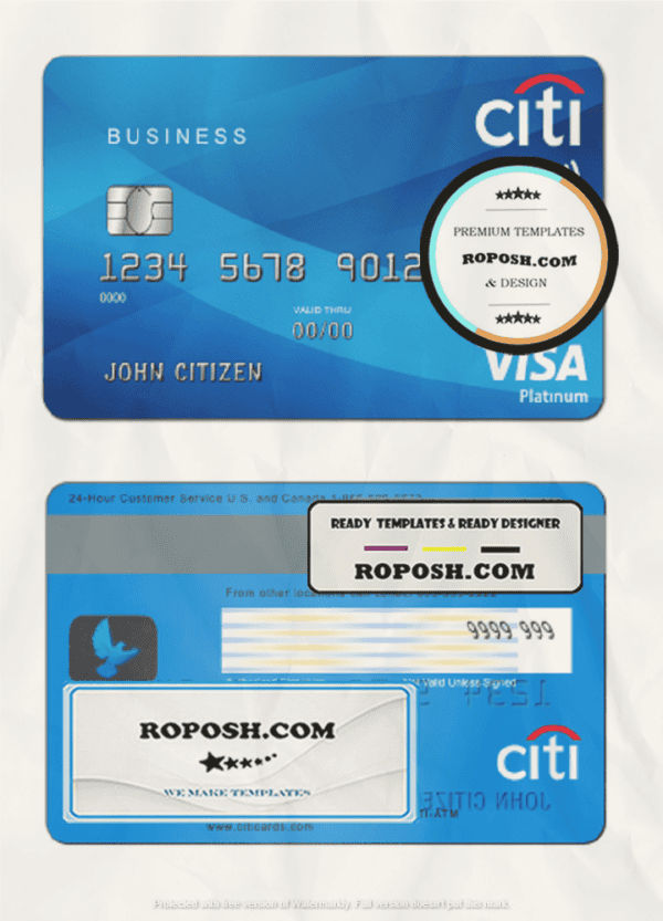 USA Citibank Visa Platinum card template in PSD format, fully editable