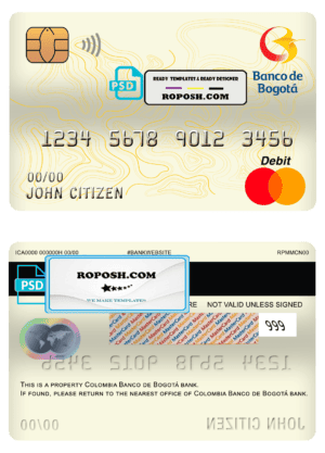 Colombia Banco de Bogotá bank mastercard debit card template in PSD format, fully editable