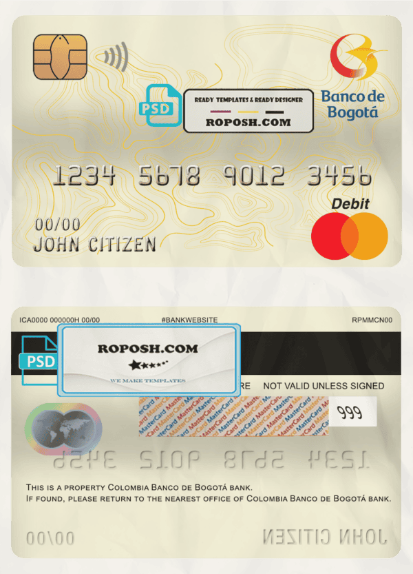 Colombia Banco de Bogotá bank mastercard debit card template in PSD format, fully editable