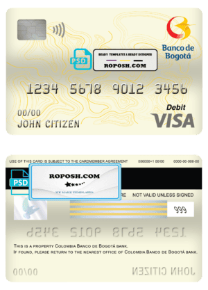Colombia Banco de Bogotá bank visa card debit card template in PSD format, fully editable