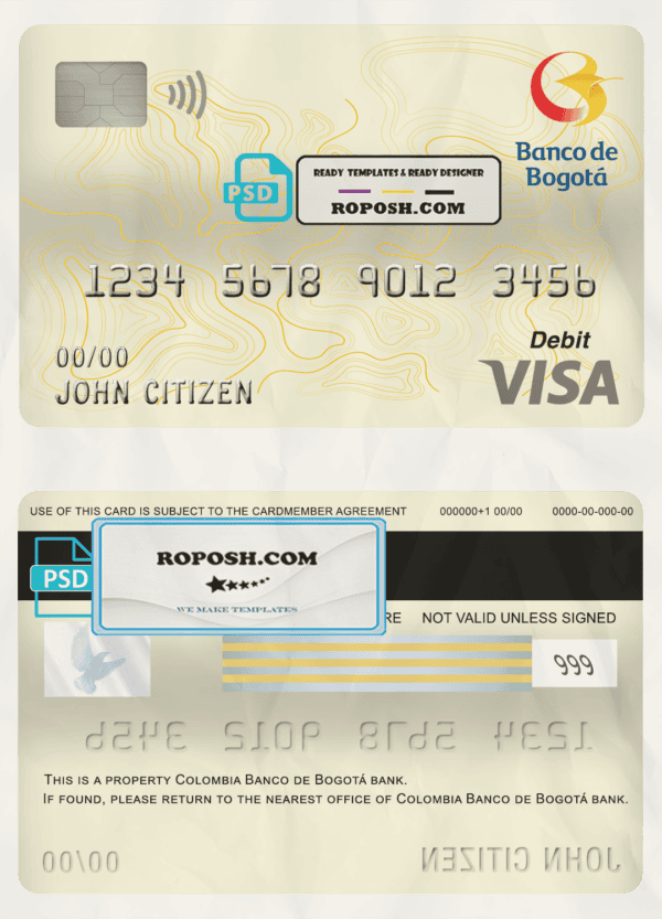 Colombia Banco de Bogotá bank visa card debit card template in PSD format, fully editable