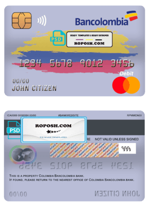 Colombia Bancolombia bank mastercard debit card template in PSD format, fully editable