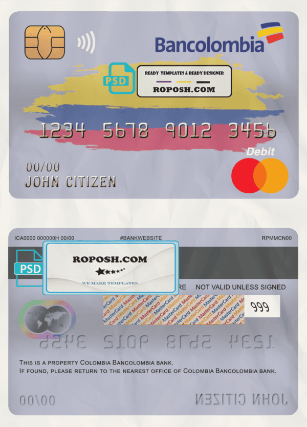Colombia Bancolombia bank mastercard debit card template in PSD format, fully editable
