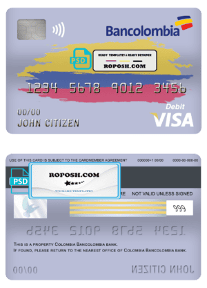 Colombia Bancolombia bank visa card debit card template in PSD format, fully editable