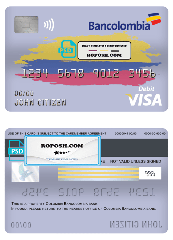 Colombia Bancolombia bank visa card debit card template in PSD format, fully editable