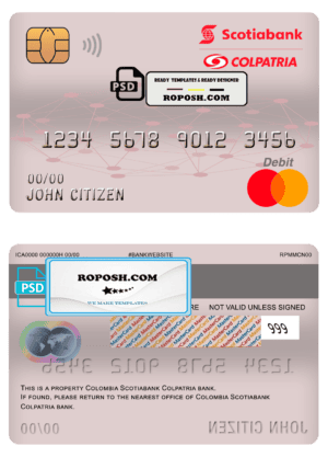 Colombia Scotiabank Colpatria bank mastercard debit card template in PSD format, fully editable