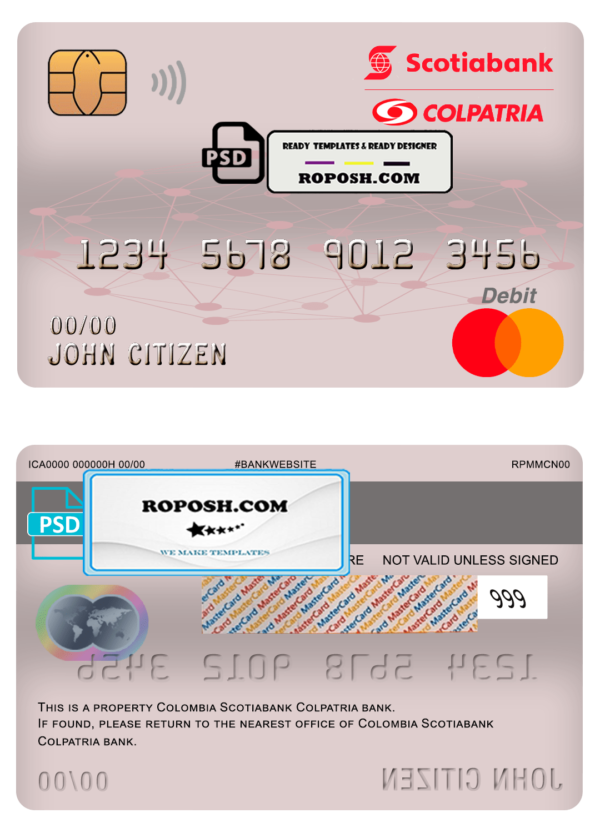 Colombia Scotiabank Colpatria bank mastercard debit card template in PSD format, fully editable