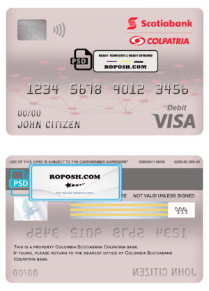 Colombia Scotiabank Colpatria bank visa card debit card template in PSD format, fully editable