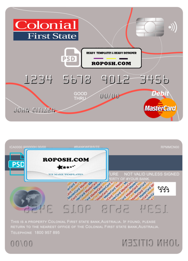 Australia Colonial First State Bank mastercard debit card template in PSD format, fully editable