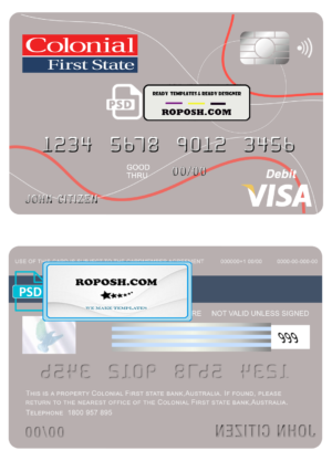 Australia Colonial First State Bank visa card debit template in PSD format, fully editable