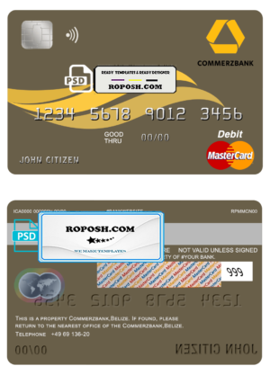 Belize Commerzbank mastercard debit card template in PSD format, fully editable