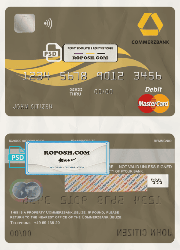 Belize Commerzbank mastercard debit card template in PSD format, fully editable
