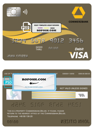Belize Commerzbank visa card debit card template in PSD format, fully editable