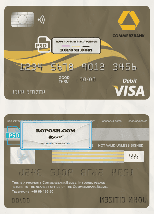 Belize Commerzbank visa card debit card template in PSD format, fully editable