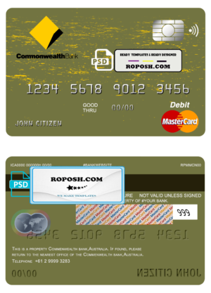 Australia Commonwealth Account Bank mastercard debit card template in PSD format, fully editable