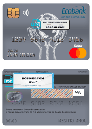 Congo Ecobank bank mastercard debit card template in PSD format, fully editable