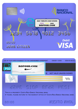 Costa Rica Banco Nacional de Costa Rica visa card debit card template in PSD format, fully editable