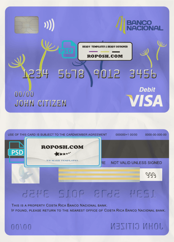 Costa Rica Banco Nacional de Costa Rica visa card debit card template in PSD format, fully editable