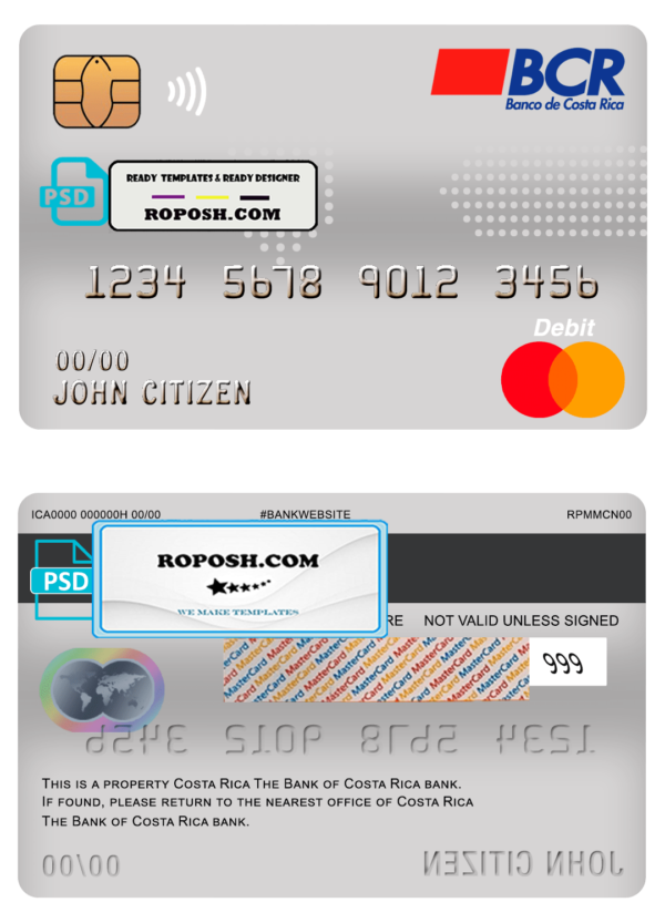 Costa Rica The Bank of Costa Rica bank mastercard debit card template in PSD format, fully editable