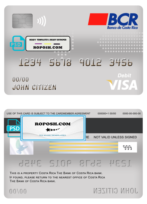 Costa Rica The Bank of Costa Rica bank visa card debit card template in PSD format, fully editable