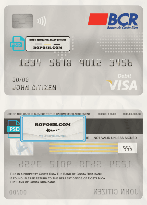 Costa Rica The Bank of Costa Rica bank visa card debit card template in PSD format, fully editable