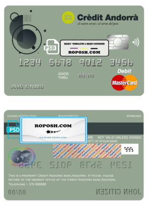 Andorra Credit Andorra bank mastercard debit card template in PSD format, fully editable