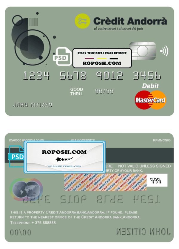 Andorra Credit Andorra bank mastercard debit card template in PSD format, fully editable