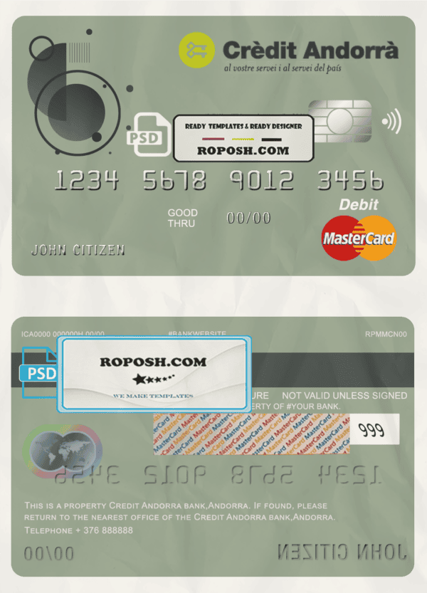 Andorra Credit Andorra bank mastercard debit card template in PSD format, fully editable