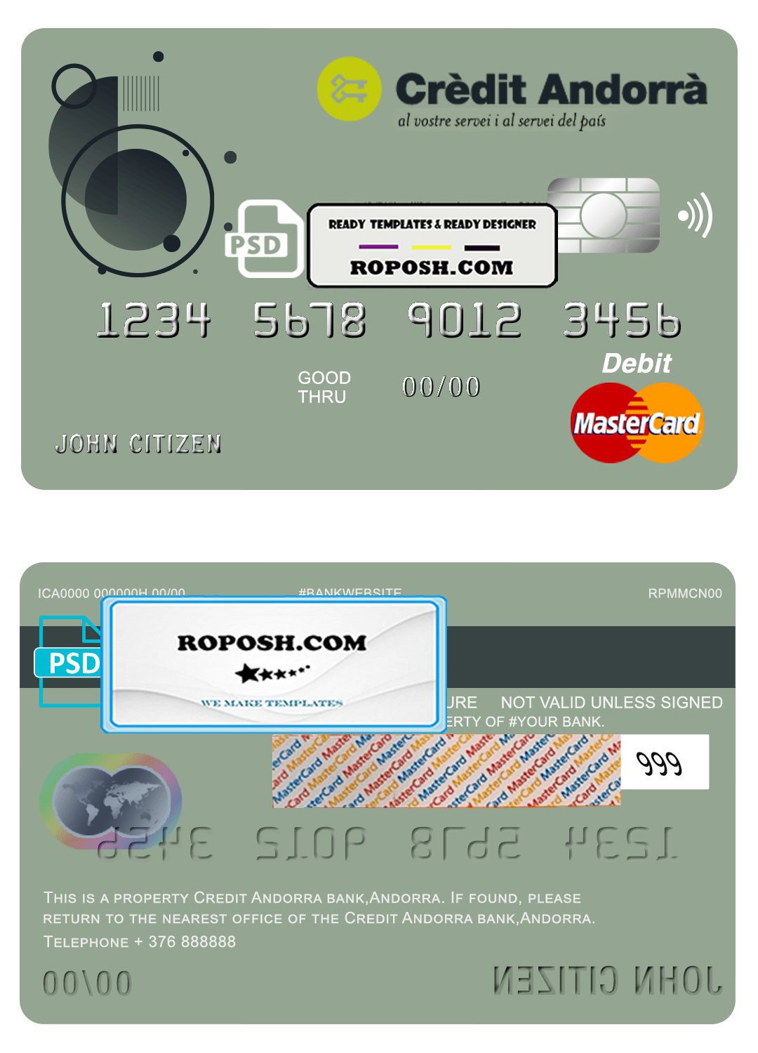 Andorra Credit Andorra bank mastercard debit card template in PSD ...