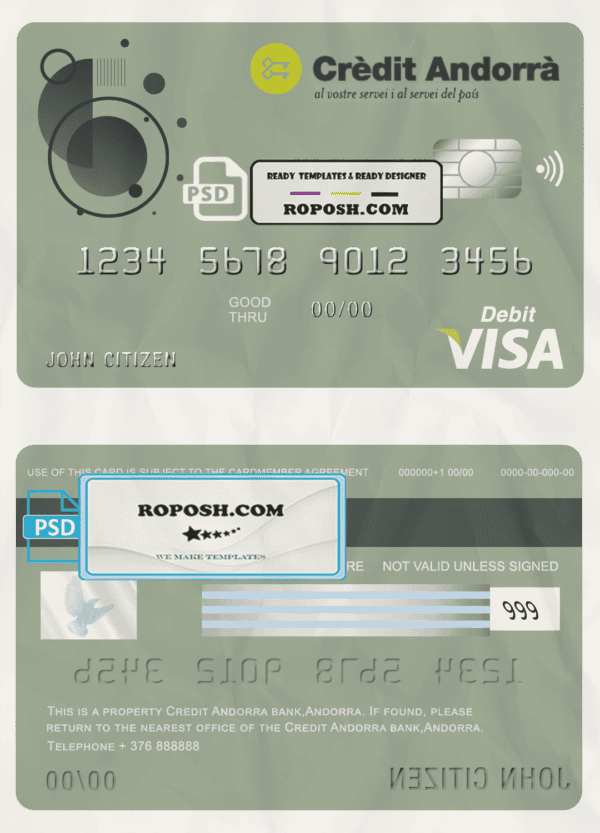 Andorra Credit Andorra bank visa card debit card template in PSD format, fully editable