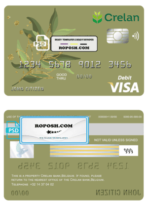 Belgium Crelan bank visa card debit card template in PSD format, fully editable