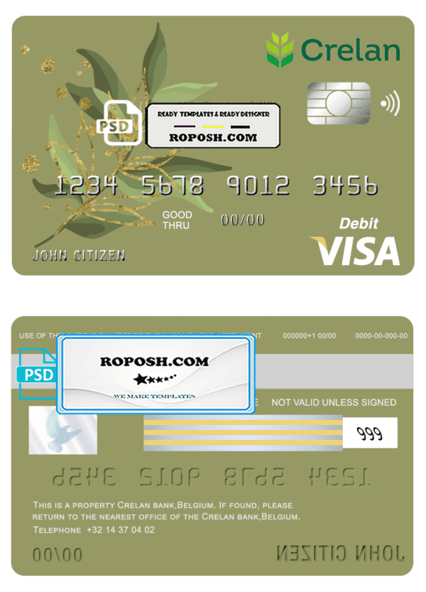 Belgium Crelan bank visa card debit card template in PSD format, fully editable