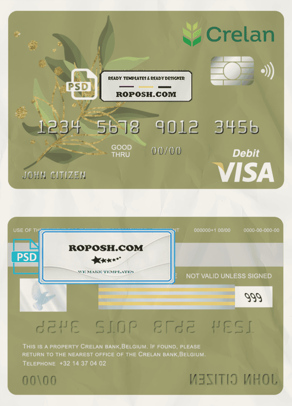 Belgium Crelan bank visa card debit card template in PSD format, fully editable