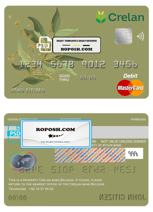 Belgium Crelan bank mastercard debit card template in PSD format, fully editable