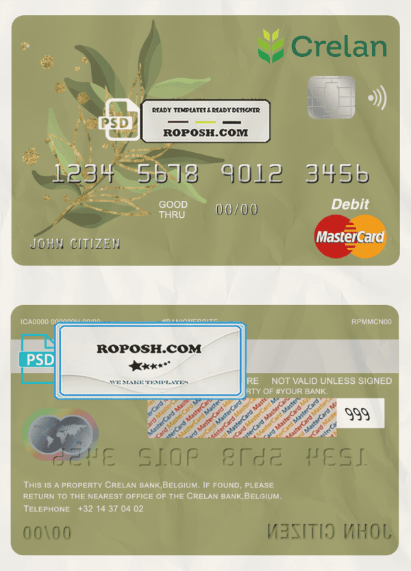 Belgium Crelan bank mastercard debit card template in PSD format, fully editable