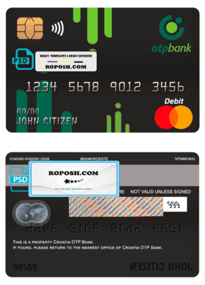 Croatia OTP bank mastercard debit card template in PSD format, fully editable