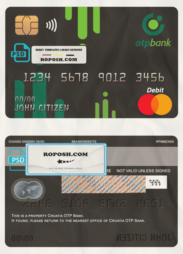Croatia OTP bank mastercard debit card template in PSD format, fully editable