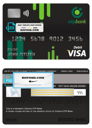 Croatia OTP bank visa card debit card template in PSD format, fully editable