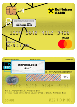 Croatia Raiffeisen bank mastercard debit card template in PSD format, fully editable