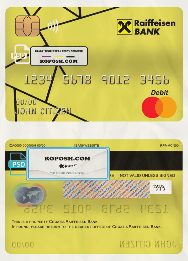 Croatia Raiffeisen bank mastercard debit card template in PSD format, fully editable