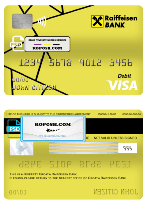 Croatia Raiffeisen bank visa card debit card template in PSD format, fully editable