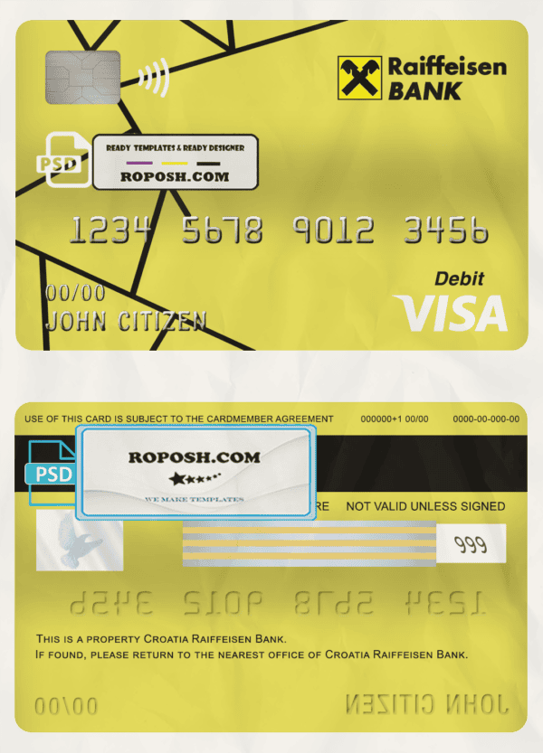 Croatia Raiffeisen bank visa card debit card template in PSD format, fully editable