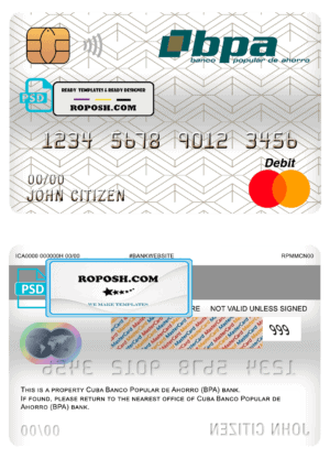 Cuba Banco Popular de Ahorro (BPA) bank mastercard debit card template in PSD format, fully editable
