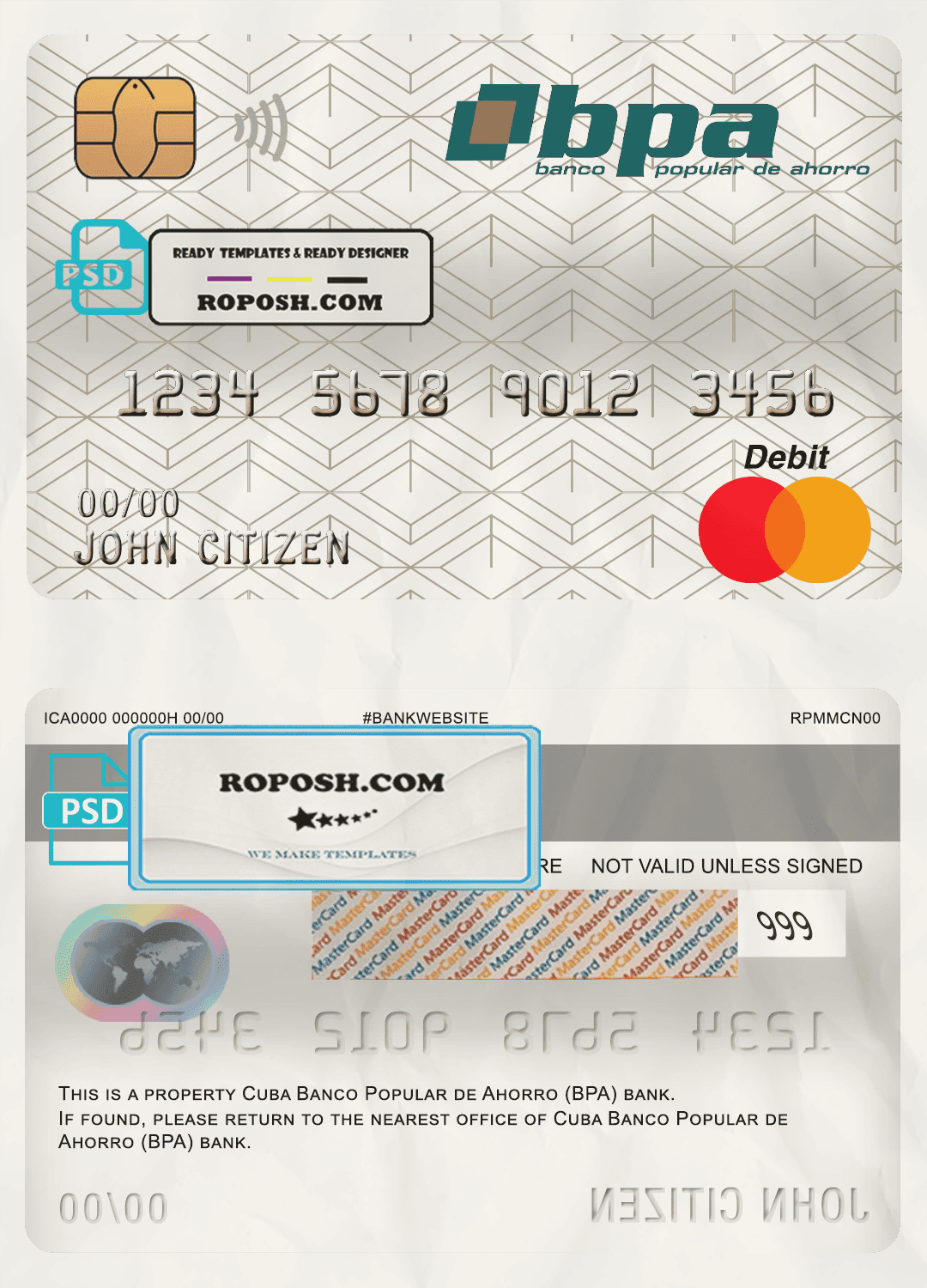 Cuba Banco Popular de Ahorro (BPA) bank mastercard debit card template in PSD format, fully editable Cuba Banco Popular de Ahorro (BPA) bank mastercard debit card template in PSD format, fully editable