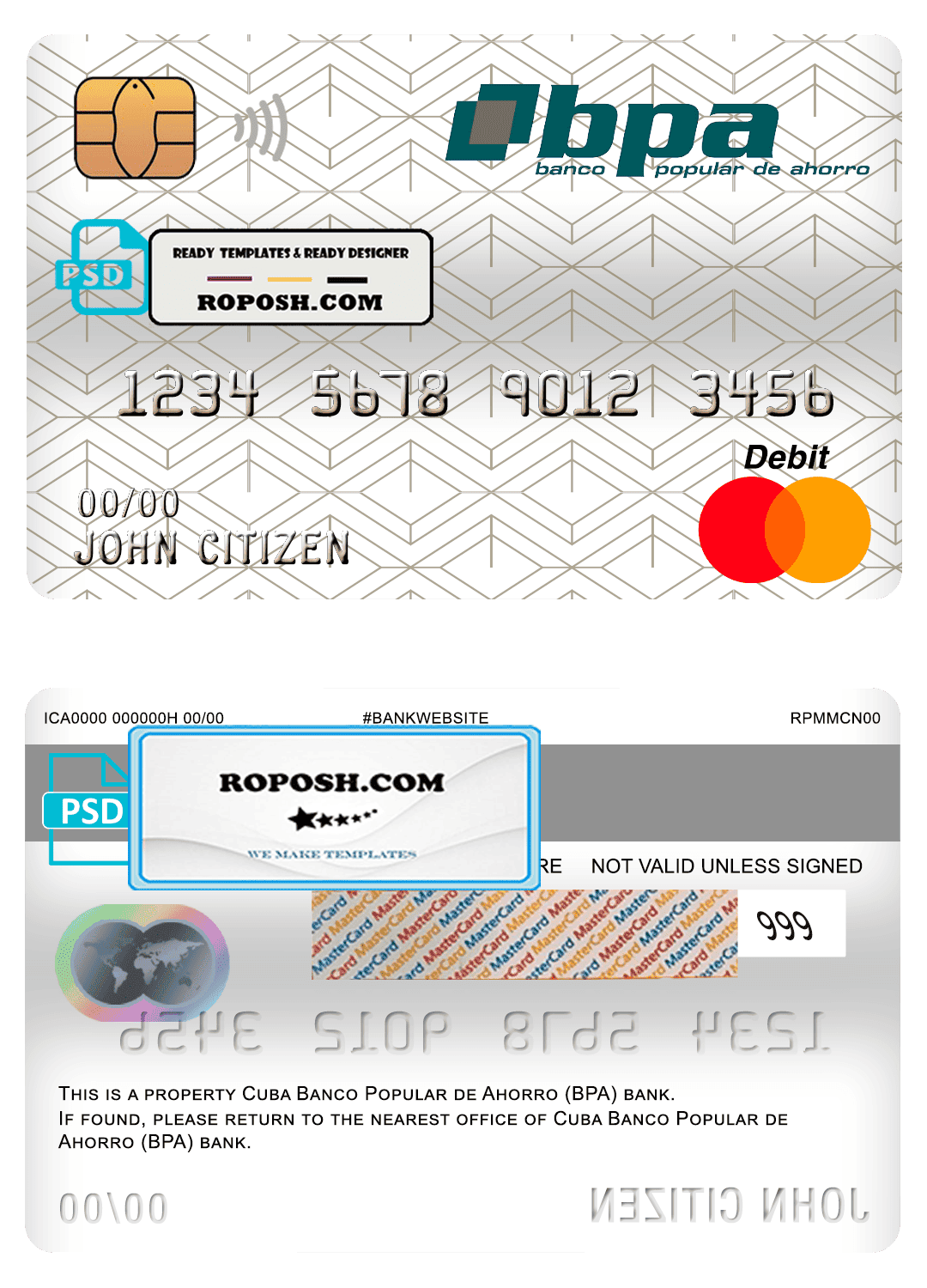 Cuba Banco Popular de Ahorro (BPA) bank mastercard debit card template in PSD format, fully editable Cuba Banco Popular de Ahorro (BPA) bank mastercard debit card template in PSD format, fully editable