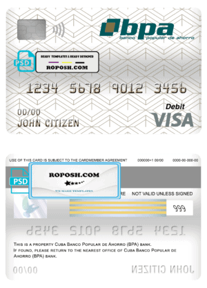 Cuba Banco Popular de Ahorro (BPA) bank visa card debit card template in PSD format, fully editable